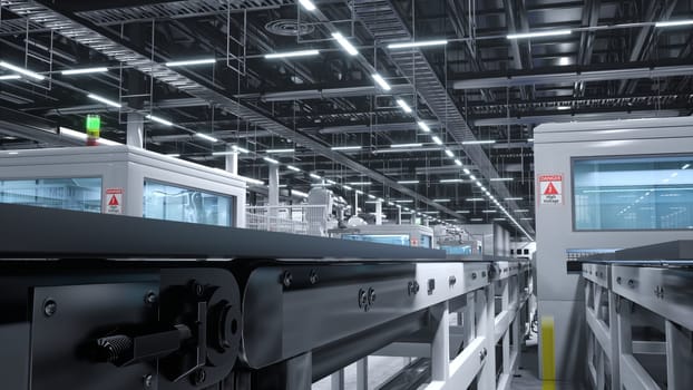 Heavy machinery units in high tech solar panel warehouse handling photovoltaic modules on large assembly lines. Wide camera shot of sustainable facility manufacturing PV cells, 3D illustration