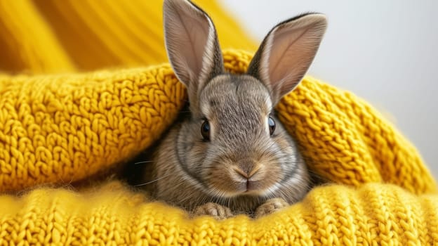 Cute Fluffy Easter Bunny in Yellow Blanket. Funny Rabbit Portrait.