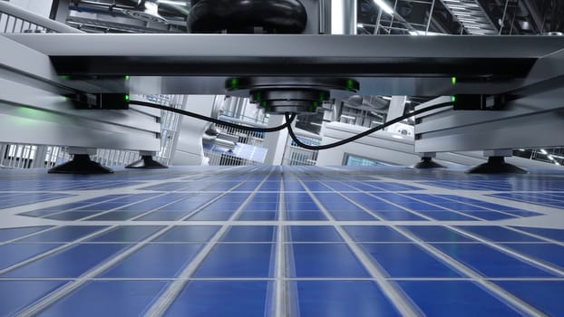 Solar panel placed on conveyor belt, operated by robot arm, moving around facility, 3D illustration. Close up of photovoltaic cell produced in green technology manufacturing warehouse