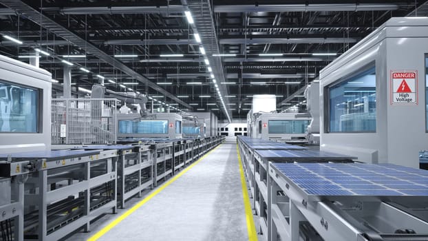 Company producing solar panels in factory with robotic arms placing photovoltaic modules on conveyor belts, 3D rendering. Manufacturing warehouse producing solar cells for clean energy industry