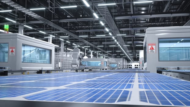 Industrialized solar panel warehouse with robotic arms placing photovoltaic modules on assembly lines, 3D rendering. Manufacturing facility producing PV cells for energy industry