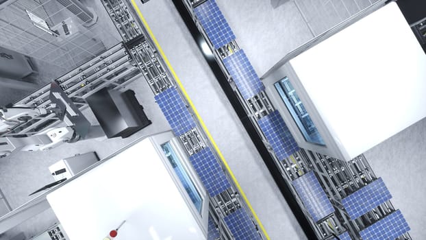 Top down view of solar panel warehouse with automated robot arms placing PV modules on conveyor belts, 3D illustration. Aerial shot of mass production warehouse producing green energy solar cells