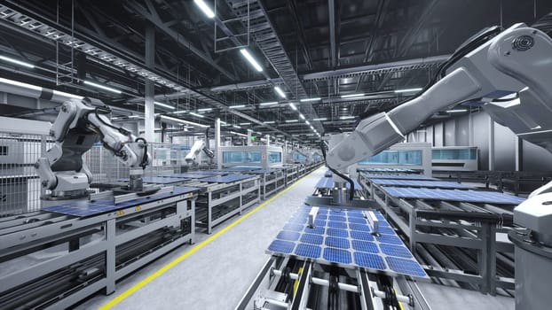 Solar panel factory with industrial robot arms placing PV modules on automation lines, 3D illustration of industrial building interior. Mass production warehouse producing sustainable solar cells