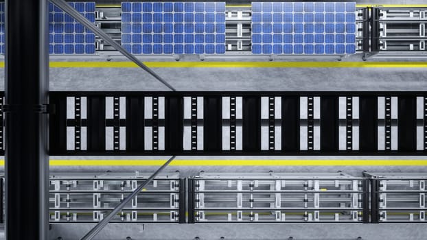 Top down view of solar panels on assembly line operated by high tech robot arms in modern sustainable factory, 3D illustration. Aerial shot of PV cells in modern automated facility