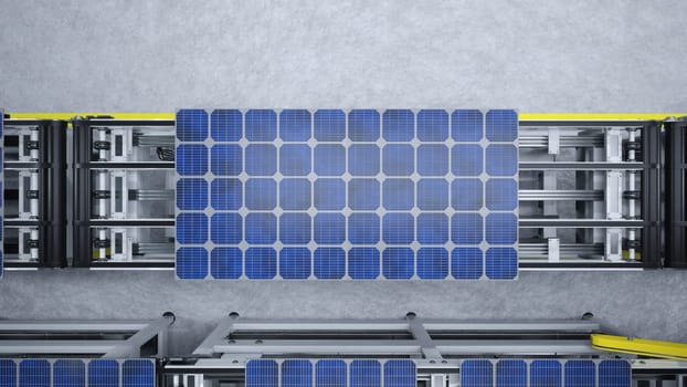 Top down view of solar panels on assembly line operated by high tech robot arms in modern sustainable factory. Aerial shot of photovoltaics produced in modern automated facility