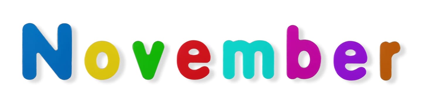 A November word in coloured magnetic letters on white with clipping path to remove shadow