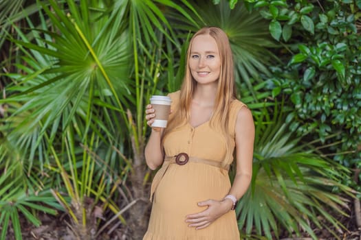 pregnant woman enjoys a cup of coffee outdoors, blending the simple pleasures of nature with the comforting warmth of a beverage during her pregnancy.