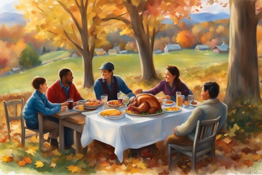 loving family enjoy thanksgiving lunch at the table illustration generative ai art