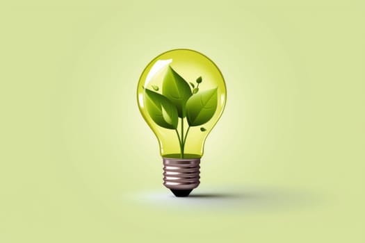 Eco friendly lightbulb with plants green background, Renewable and sustainable energy. Generative AI.