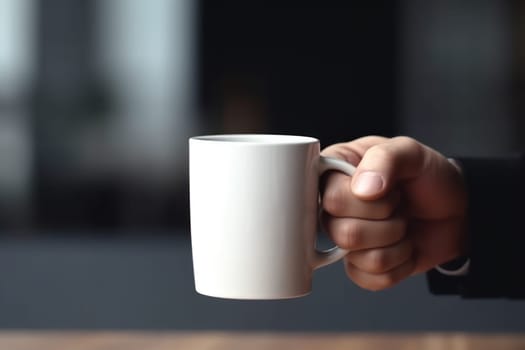 A mockup of a white coffee cup Held by a hand, created with Generative AI.