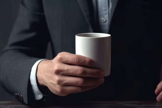 A mockup of a white coffee cup Held by a hand, created with Generative AI. High quality illustration