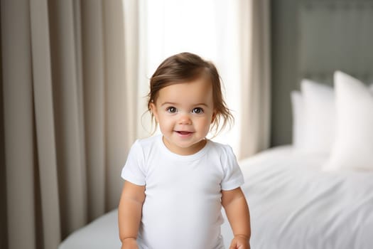 baby short sleeve bodysuit mockup in minimal interior. newborn bodysuit. Generative AI.