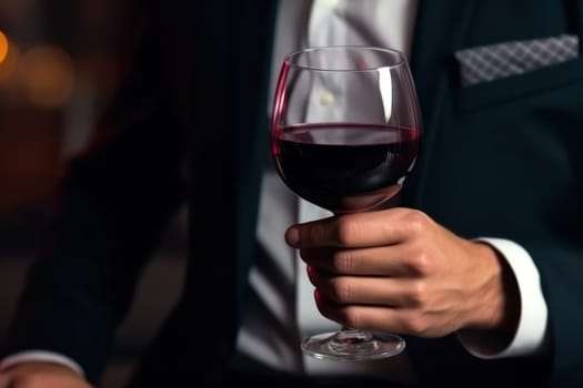 business man hands holding a red wine glass .generative ai.