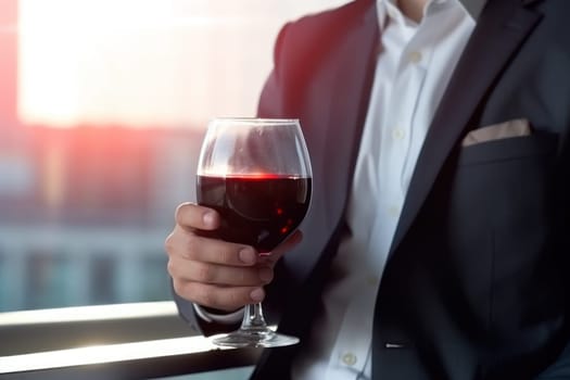 business man hands holding a red wine glass .generative ai.