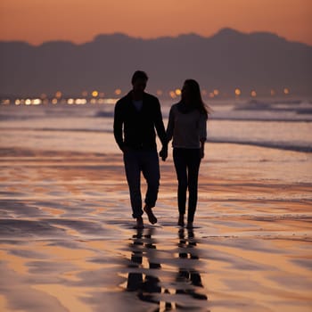 Silhouette, sunset and couple holding hands outdoor with back view and nature, travel and bonding for love and commitment. People walk on beach, trust and loyalty with adventure together and shadow.