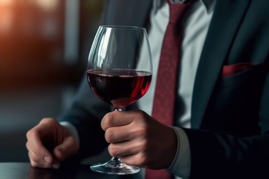 business man hands holding a red wine glass .generative ai.