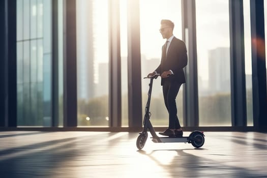 Faceless businessman riding electric scooter in a city. Generative AI.