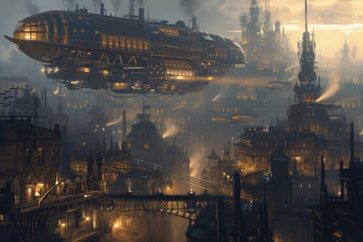 A fleet of steampunk airships hovers above a Victorian-inspired cityscape, enveloped in a golden mist at dawn. Resplendent.