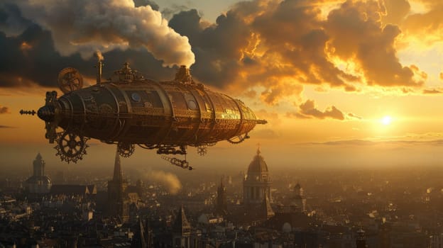 Fantasy steampunk airships float amongst clouds against a dramatic sunset backdrop, evoking adventure and exploration. Resplendent.