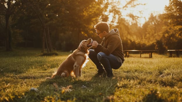 playful dog and its owner in nature outdoor , healthy lifestyle pragma