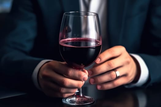 business man hands holding a red wine glass .generative ai.