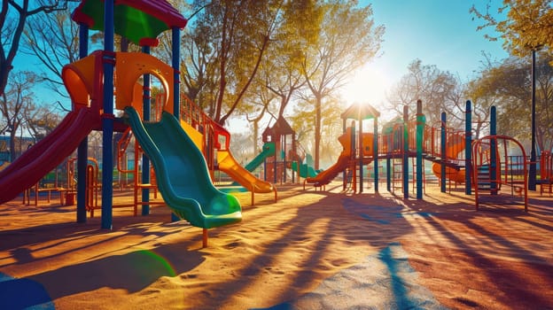 Young children enjoy a sunny day playing on vibrant playground equipment in a park with slides and climbing structures. Resplendent.