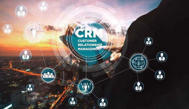 CRM Customer Relationship Management for business sales marketing system concept presented in futuristic graphic interface of service application to support CRM database analysis. uds