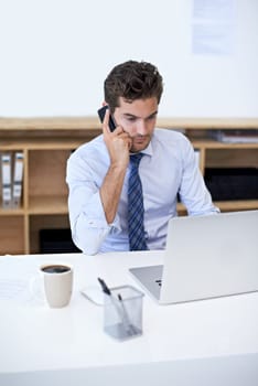 Business, phone call and man with laptop, communication and planning with conversation and thinking. Person, employee and accountant with a smartphone and mobile user with digital app and connection.