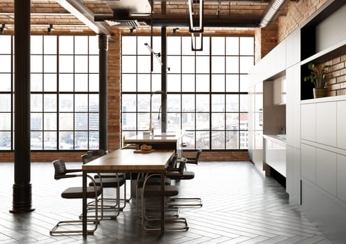 Interior of modern kitchen with brick walls, wooden floor, gray countertops and bar with stools. 3d rendering