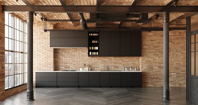 Interior of modern kitchen with brick walls, wooden floor, gray countertops and bar with stools. 3d rendering