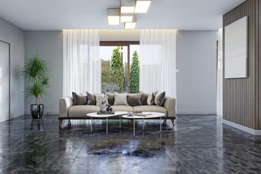 Interior of modern living room with gray walls, concrete floor, gray sofa and coffee table. 3d render
