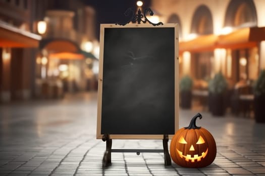 Empty blackboard sign Halloween mockup in front of a restaurant , Menu board .Generative Ai.