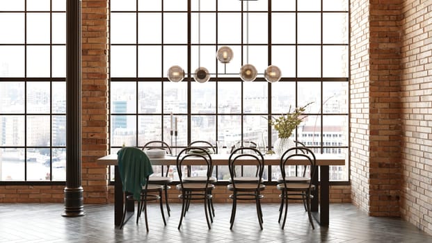 Interior of modern dining room with brick walls, concrete floor, round wooden tables with chairs and loft windows. 3d rendering