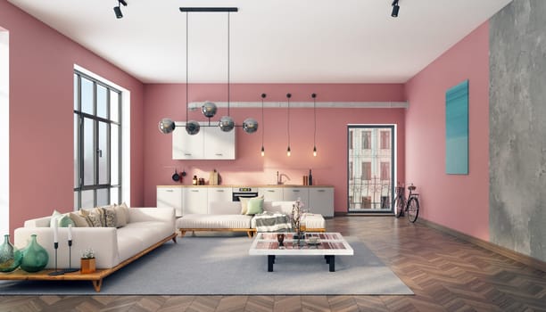 Modern living room with pink walls, wooden floor, white sofas and coffee table. 3d rendering