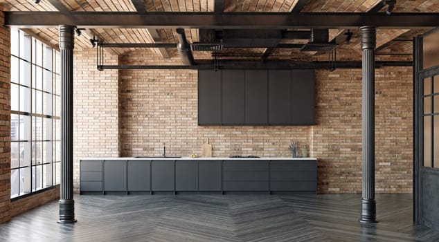 Interior of modern kitchen with brick walls, wooden floor, gray countertops and bar with stools. 3d rendering