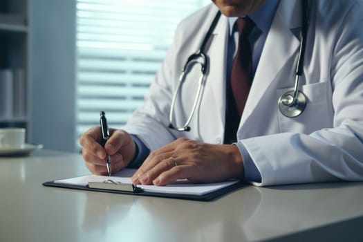 Close-up of doctor writing a prescription, medical professional wearing uniform - generative ai.