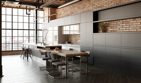Interior of modern kitchen with brick walls, wooden floor, gray countertops and bar with stools. 3d rendering