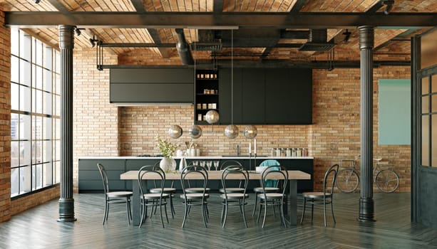 Interior of modern kitchen with brick walls, wooden floor, gray countertops and bar with stools. 3d rendering