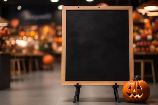 Empty blackboard sign mockup in front of a restaurant , Menu board . Generative Ai.