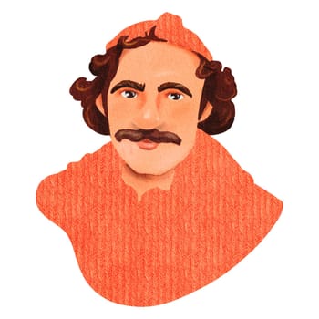 A man with a mustache is depicted in the drawing wearing an orange hat. His hair and forehead are visible, as well as his nose, cheek, eyebrow, eye, beard, neck, and jaw. The man is making a gesture.
