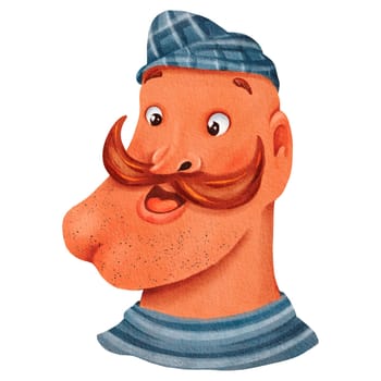 An illustrated cartoon character with a cone-shaped hat, a mustache, and a striped shirt. The headgear and gesture are part of the costume art of this fictional vertebrate toy.