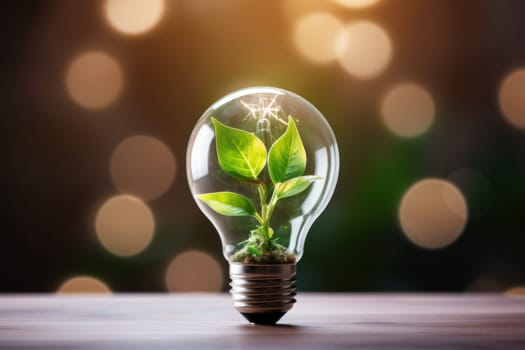 Eco friendly lightbulb with plants green background, Renewable and sustainable energy. Generative AI.