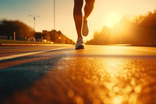 person feet with running shoe on a sport race track, Generative AI.