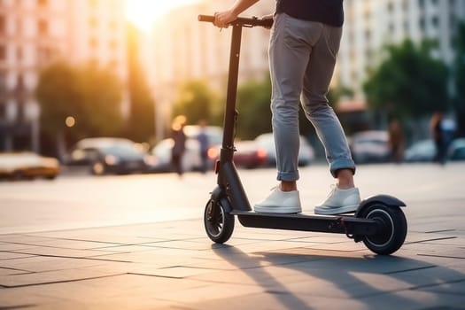 Faceless businessman riding electric scooter in a city. Generative AI.