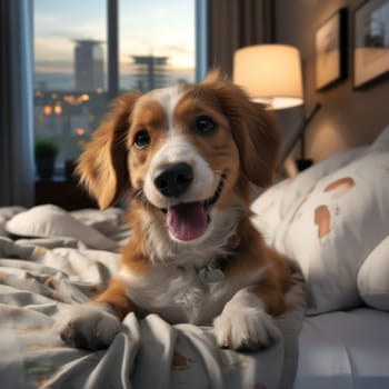 pet in a hotel room in light colors. lies on the bed. relax. AI generated.