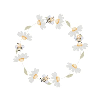 Watercolor frame with bees and flowers. Clip art on isolated white background with cute insects and daisies. Naive hand drawing style with honeybee character. For designing postcards and tags for bee products store
