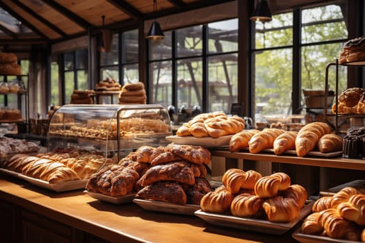 Interior of a craft bakery with a counter full of baked goods.