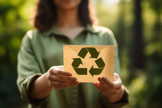 Recycle logo symbol held in hand. Generative Ai.