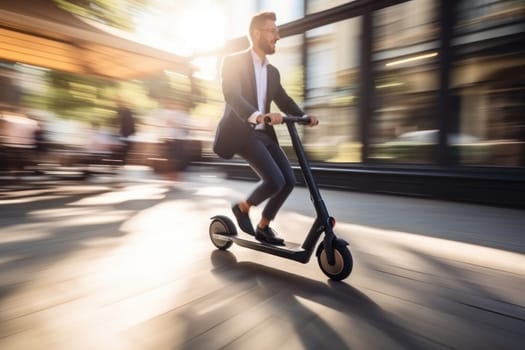 Faceless businessman riding electric scooter in a city. Generative AI.