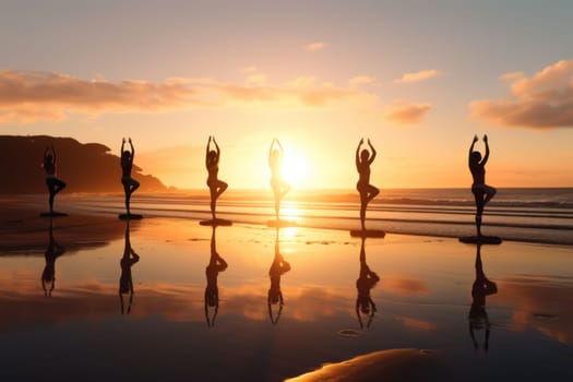 Person practicing yoga on beach during sunset, promoting mental health, self-care, and connection to nature. Generative AI.